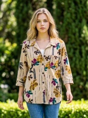 Produce Company Linen Blend Floral Women's Shacket Creme Abstract Art Size Large